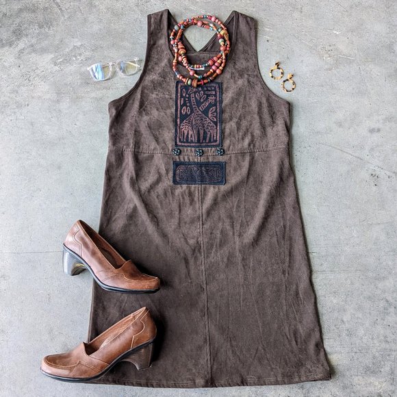 Vintage Nina Piccalino Brown Suede Giraffe Print Sleeveless Shift Dress size 6 - Picture 1 of 6